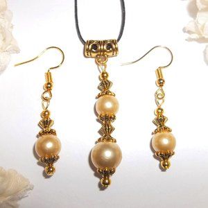 Yellow Faux Pearl Beaded Jewelry Set Matching Necklace & Earrings Gift Idea 6708